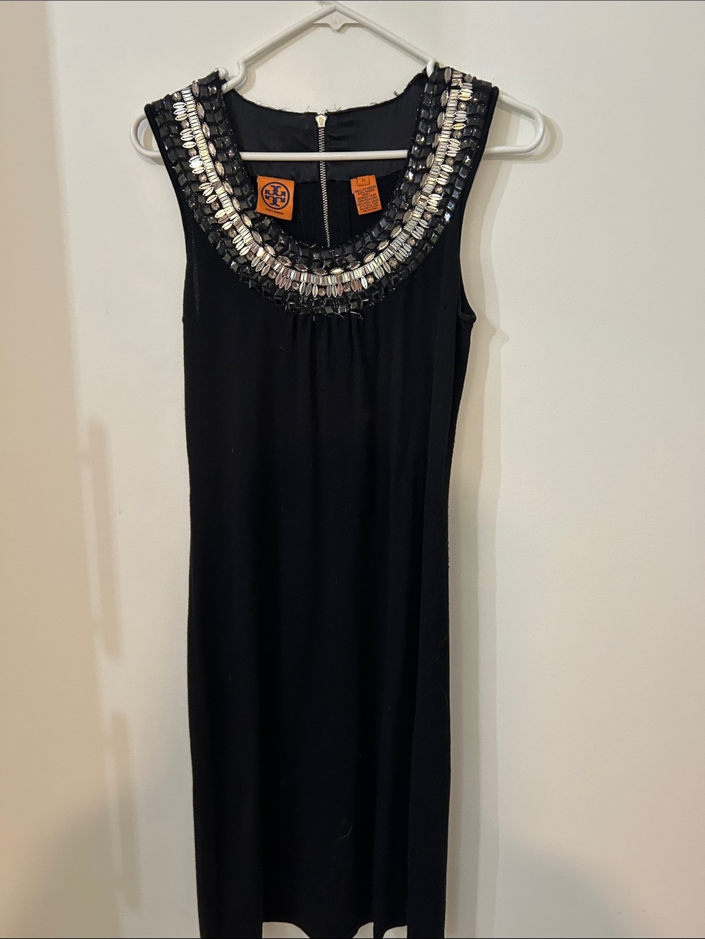 Tory Burch Black Midi Dress with Silver Beaded Neckline